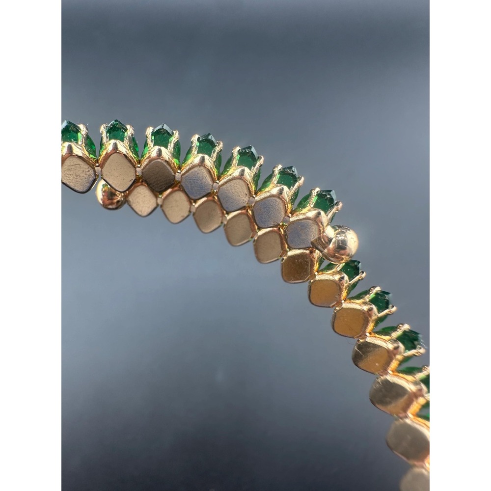 Vintage Emerald Green Glass Navette Rhinestone Flexible Bracelet Mid Century - Picture 5 of 11